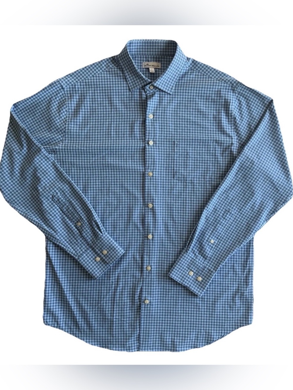 Peter Millar Mens L Button Down Blue Check Performance Dress Shirt Long Sleeve